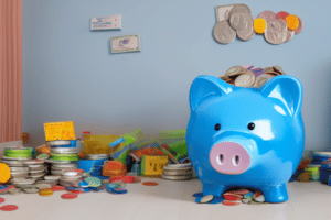 A realistic huge piggy bank in a blue lovely kid room with a lot of coins in the floor 2 - No se habla de dinero delante de los niños - Finanzas personales