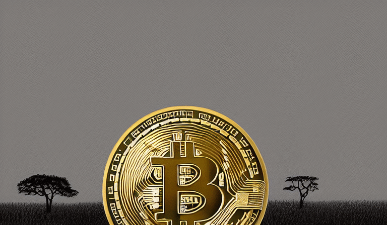 A wide angle landscape of a savanna with a very large metallic bitcoin coin in the distance in the style of rococo digital painting - Bitcoin, África y Latinoamérica - Macroeconomia