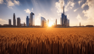 a photo of beautiful wheat field with a huge futuristic skyscraper in the middle 2 - Guía inicial sobre Materias Primas - Macroeconomia