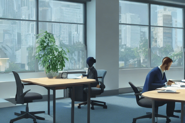 Usersficoachdevautocontentoutputimagesmodern office with large windows table with several empty chairs two employees with folder from behind - Microsoft omite aumentos salariales para empleados a tiempo completo este año - Bolsa